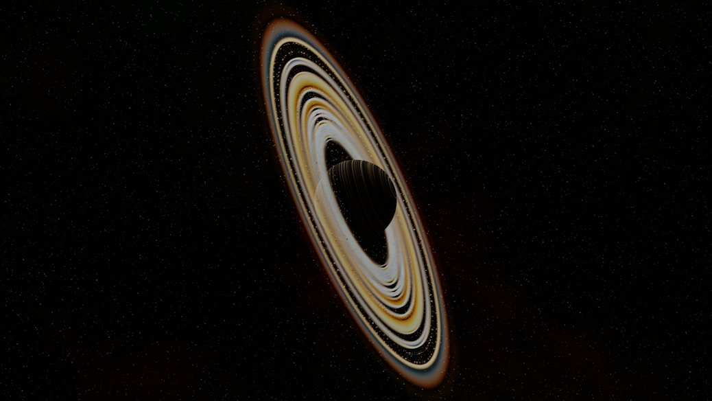 A detailed visualization of a symmetric black hole with a static Schwarzschild horizon against a cosmic background.