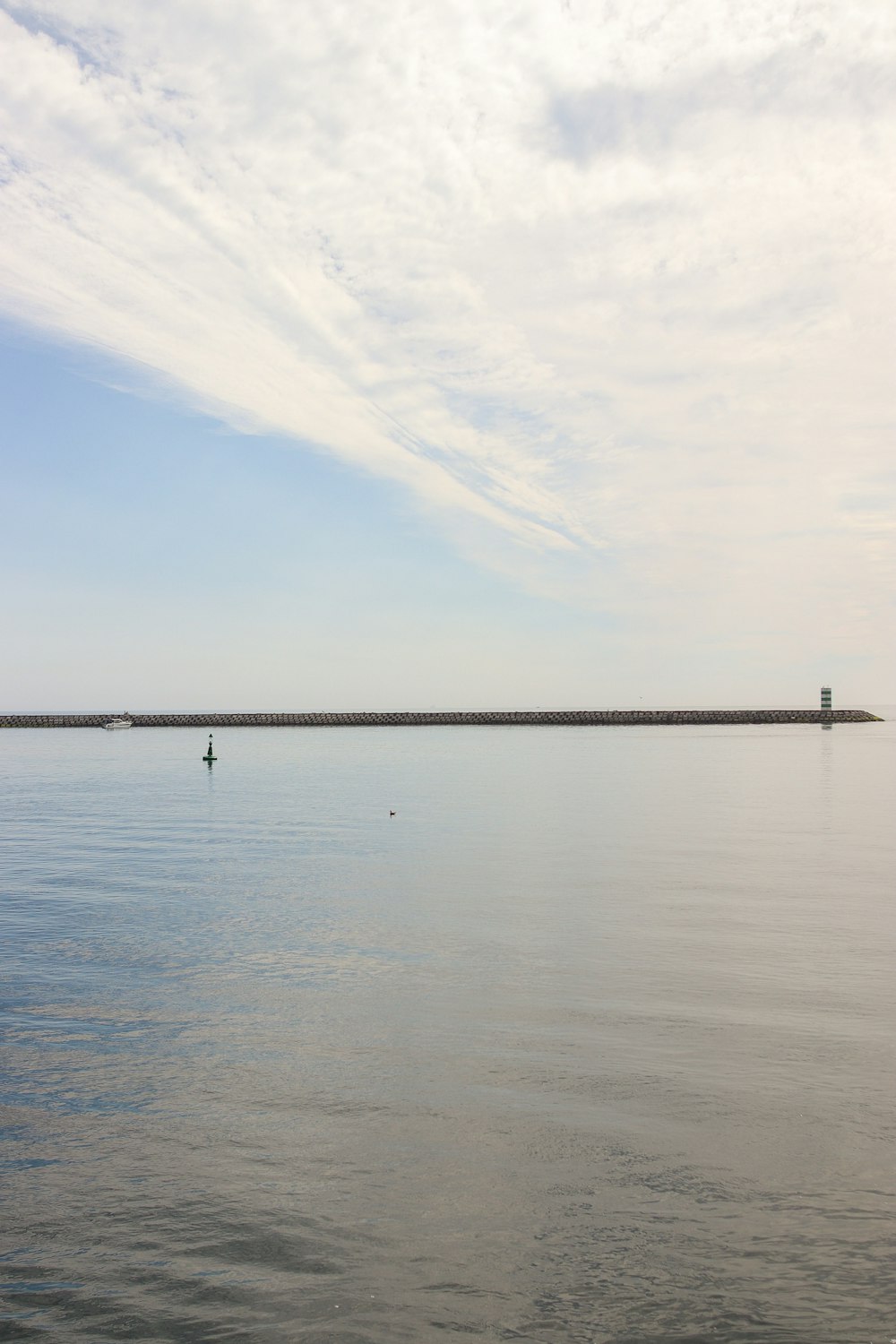 a large body of water with a long bridge in the distance