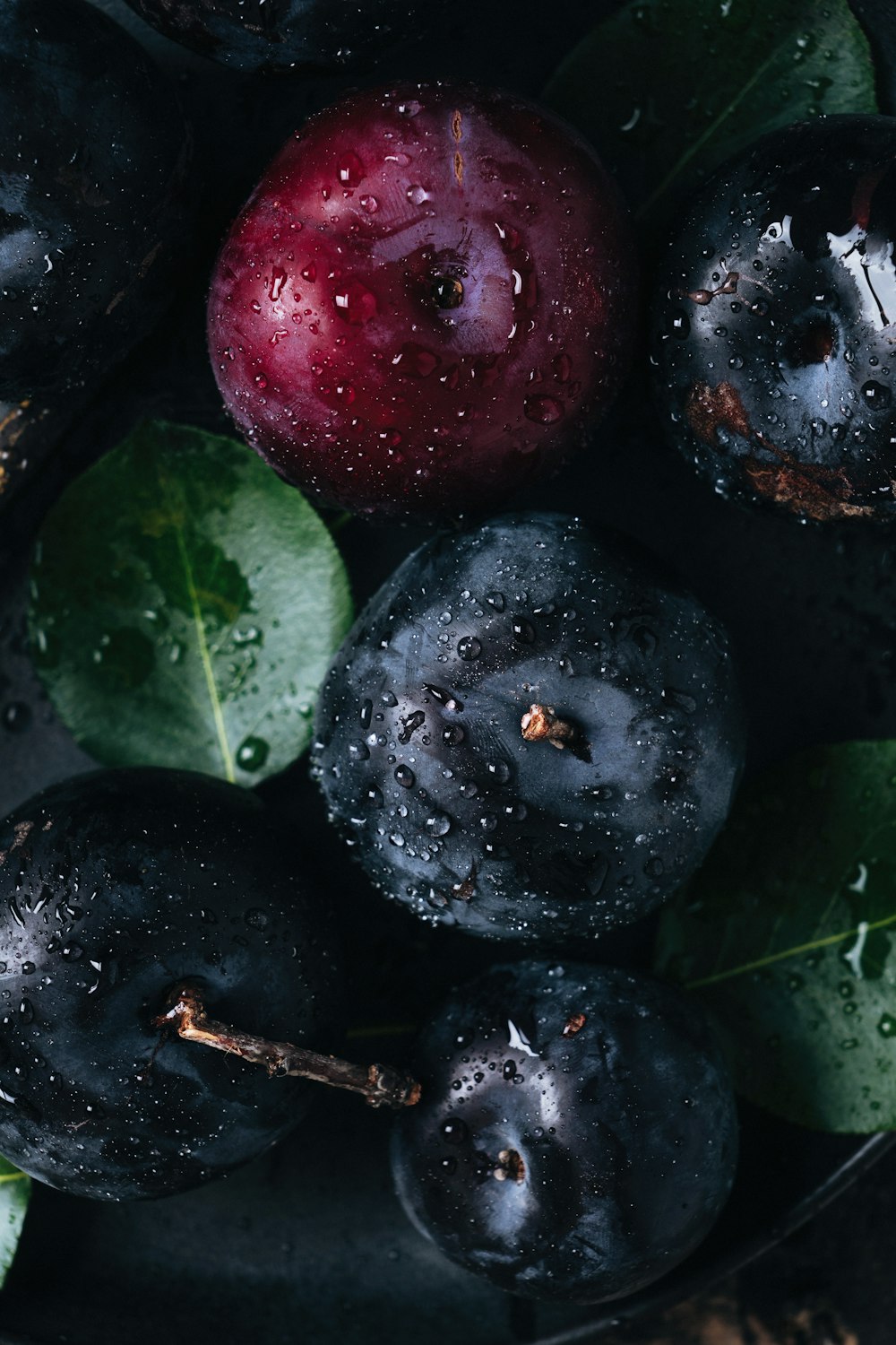 a bowl filled with blueberries and cherries covered in water