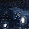 a blue cube sitting on top of a tiled floor