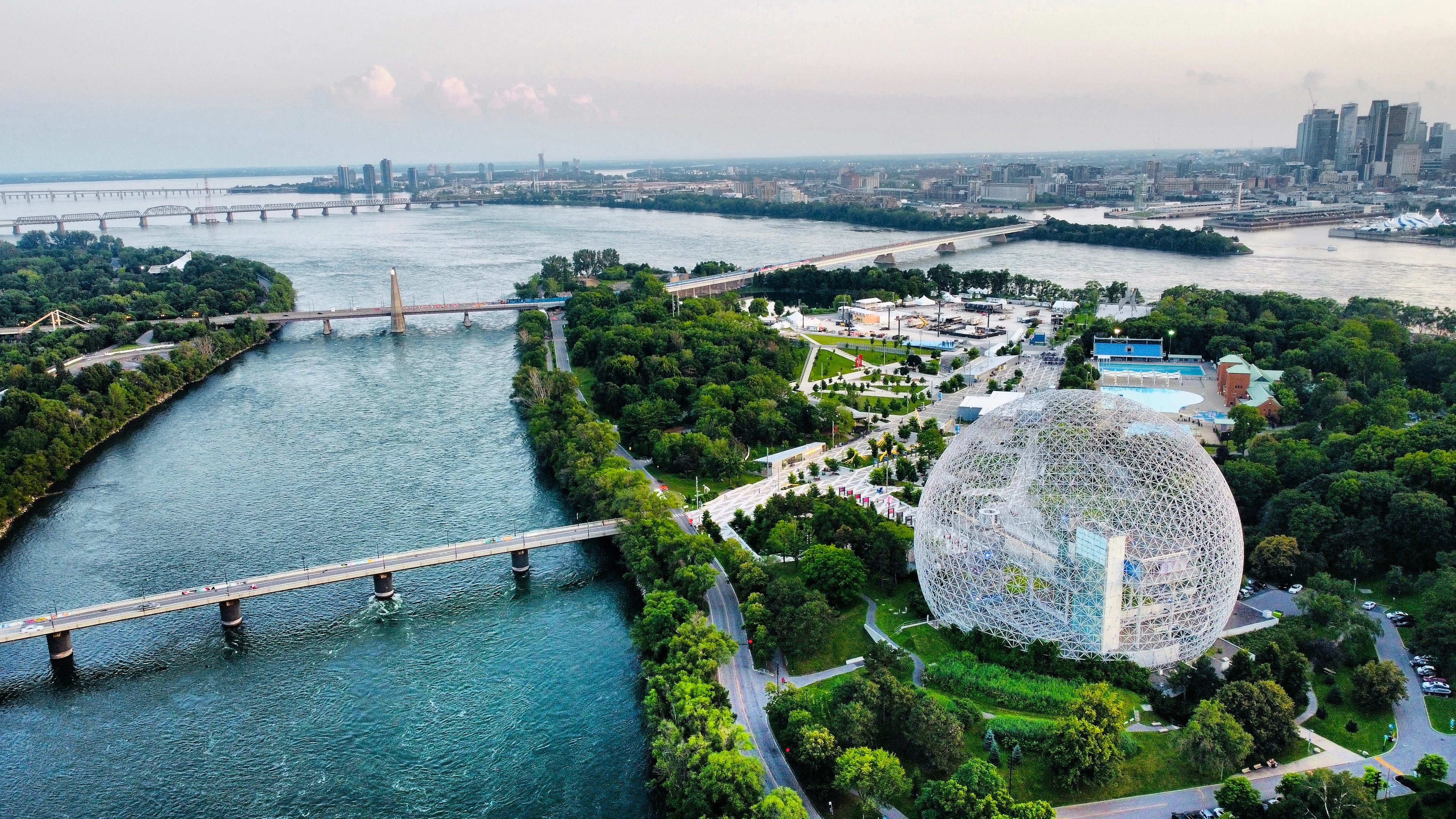 The Biosphere and the green islands of Montreal seen from the air