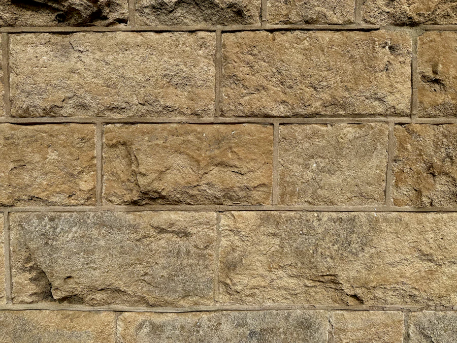 Close-up of a wall built from dressed sandstone blocks