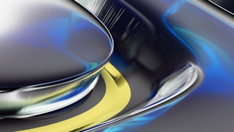 An abstract, futuristic design featuring smooth, reflective surfaces with a mix of metallic and neon tones. Curved shapes blend seamlessly with linear streaks, creating a sense of fluidity and motion. The composition showcases a dynamic interplay of light and shadows.