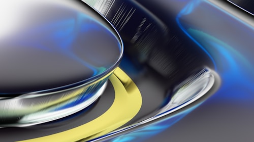 An abstract, futuristic design featuring smooth, reflective surfaces with a mix of metallic and neon tones. Curved shapes blend seamlessly with linear streaks, creating a sense of fluidity and motion. The composition showcases a dynamic interplay of light and shadows.