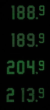 Four digital numeric displays, each showing a different number. The numbers listed from top to bottom are 186.9, 189.9, 204.9, and 213.9. The numbers are in bright green against a dark background, giving them high visibility.