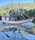 A colorful fishing boat sails along a calm body of water with lush green hills in the background. The boat, named Vitor Gabriel, features vibrant orange and blue accents and intricate rigging. The reflection of the boat creates a visually captivating pattern on the water's surface.