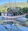 A colorful fishing boat sails along a calm body of water with lush green hills in the background. The boat, named Vitor Gabriel, features vibrant orange and blue accents and intricate rigging. The reflection of the boat creates a visually captivating pattern on the water's surface.
