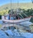 A colorful fishing boat sails along a calm body of water with lush green hills in the background. The boat, named Vitor Gabriel, features vibrant orange and blue accents and intricate rigging. The reflection of the boat creates a visually captivating pattern on the water's surface.