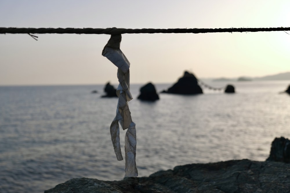 a piece of paper hanging from a rope near the ocean