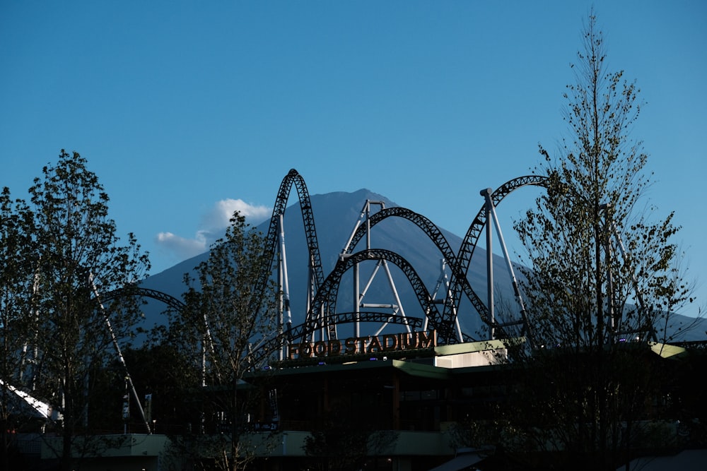 a roller coaster with a mountain in the background