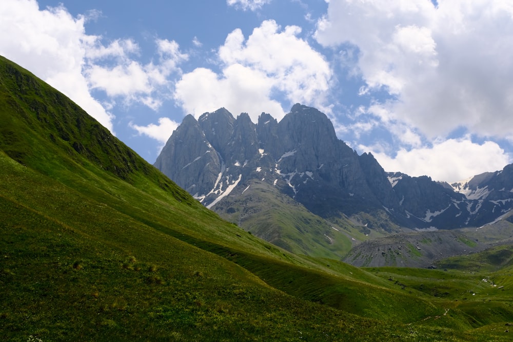 a grassy hill with a mountain in the background