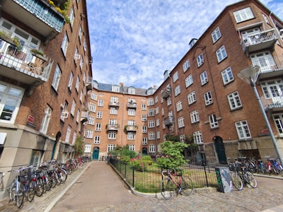 Sunlit communal courtyard with benches and greenery between residential buildings.