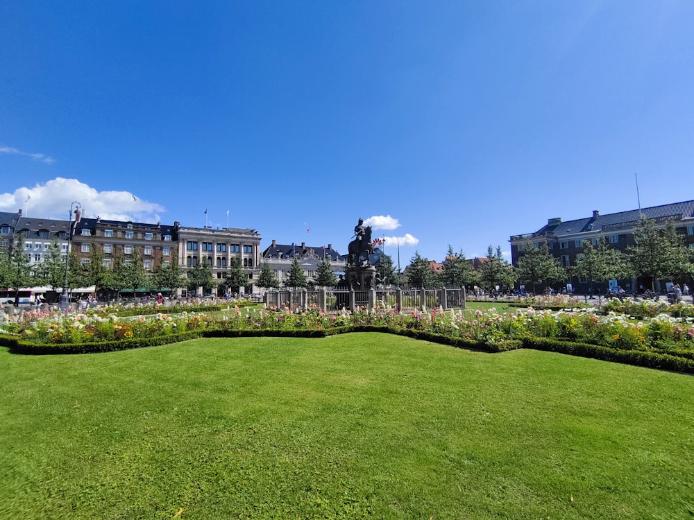 a large grassy field with a statue in the middle of it