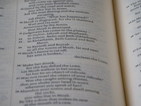 A close-up view of an open book showcasing text in neat, uniform columns. The text is dark against a light-colored page, organized in a structured and easy-to-read manner.