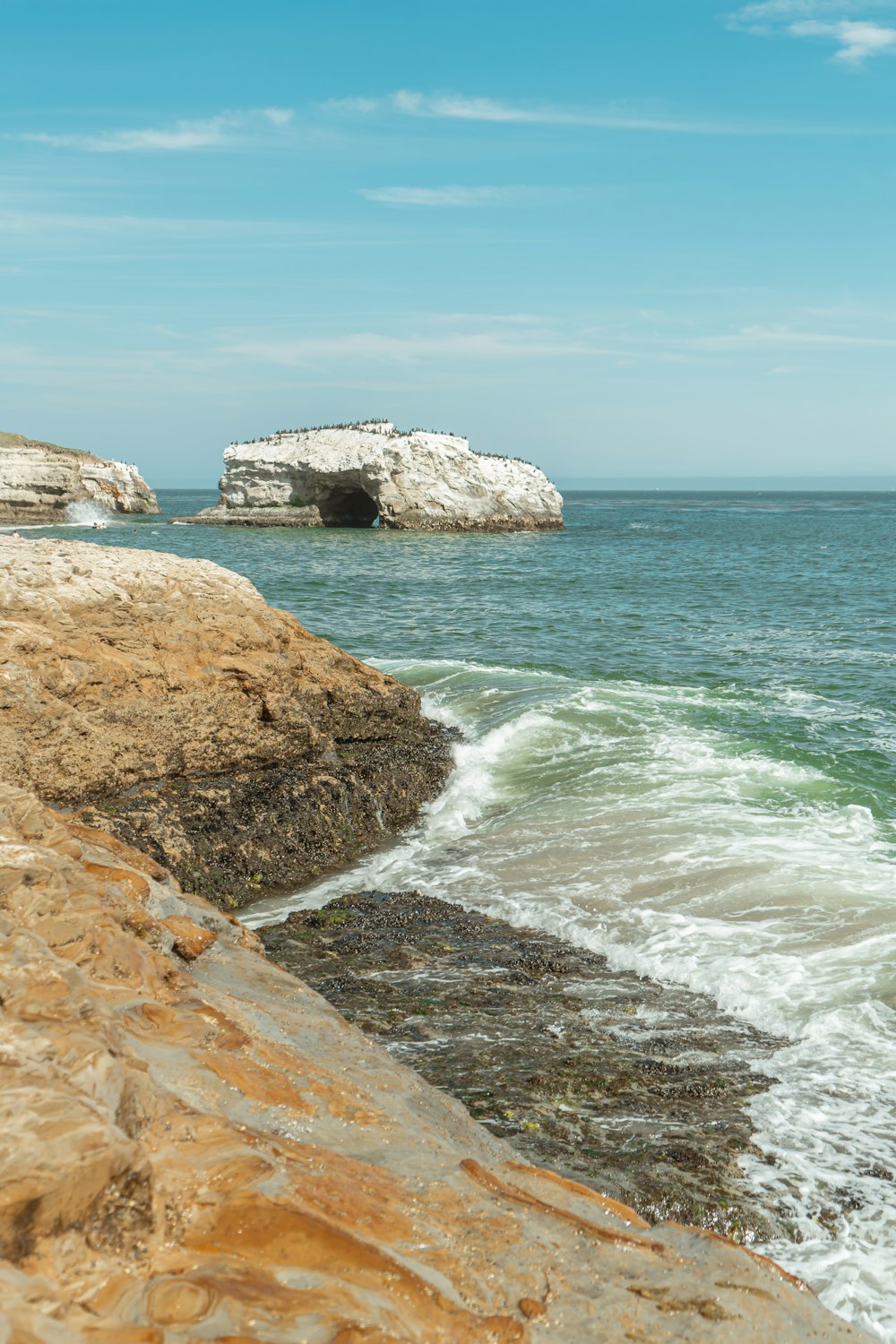 a large body of water next to a rocky shore