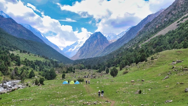 Tourists exploring a lush green valley with mountains in the background.
