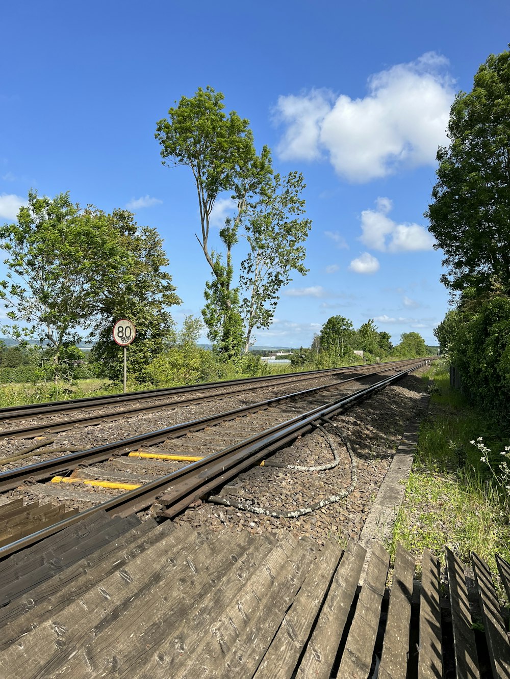 a train track with a stop sign in the distance