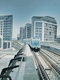 A modern train traveling on elevated tracks with a clear sky background.
