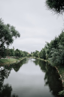 A calm river flowing gently through a green landscape at sunrise.