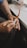 A pair of hands carefully crafts or polishes a decorative pipe. The pipe has intricate carvings and a curved, slender mouthpiece. The hands appear to be skillful, and there is a sense of precision in the work.