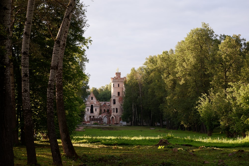 a large building in the middle of a forest