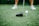 A close-up of a golf club positioned next to a golf ball on a tee. The focus is on the club head and the ball, with blurred legs wearing white shoes in the background.