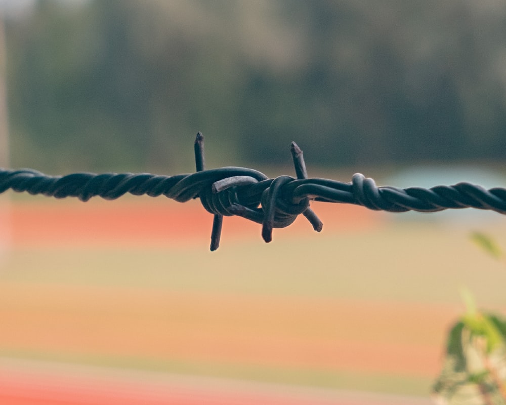 a close up of a barbed wire with a baseball field in the background