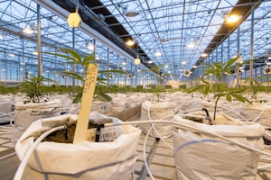 A large and well-organized greenhouse with rows of young plants growing in white bags. Each plant appears to be carefully labeled and is part of an extensive cultivation system with visible irrigation tubes. The ceiling is made of glass, allowing natural light to illuminate the space, complemented by artificial lighting.