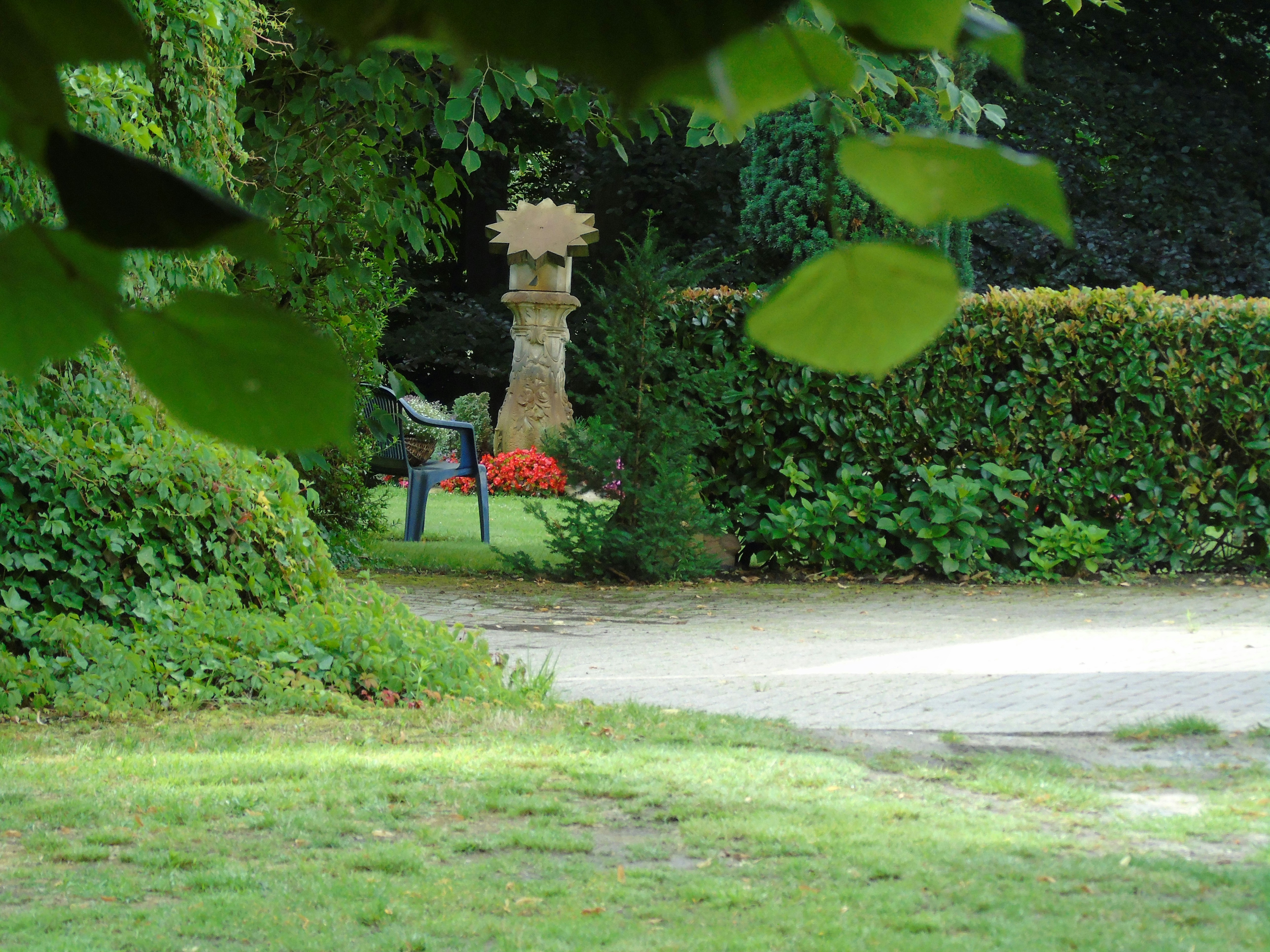 a park bench sitting in the middle of a lush green park