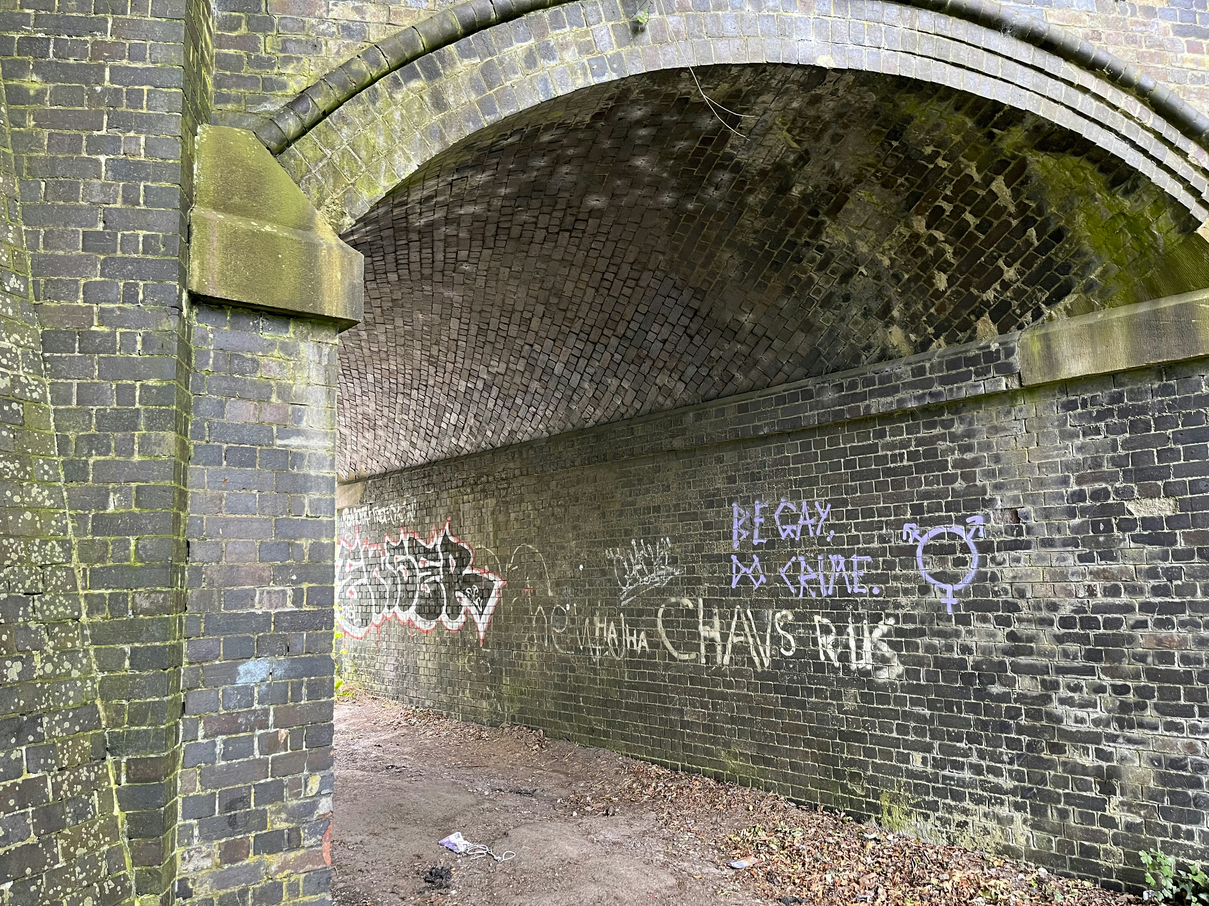 a brick tunnel with graffiti on the side of it