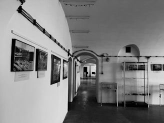 A corridor with arched ceilings in a gallery setting features framed pictures hanging on the left wall. Exhibit shelves are on the right side, and multiple light fixtures are affixed to the walls and ceiling.