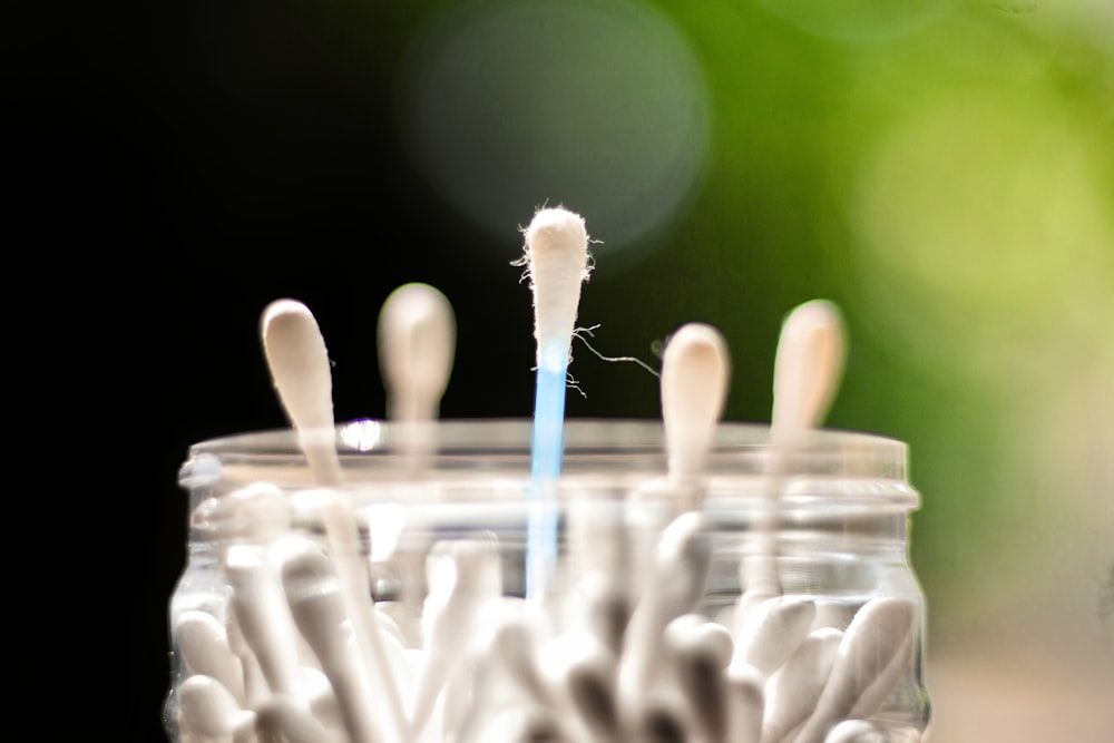 a jar filled with toothbrushes sitting on top of a table