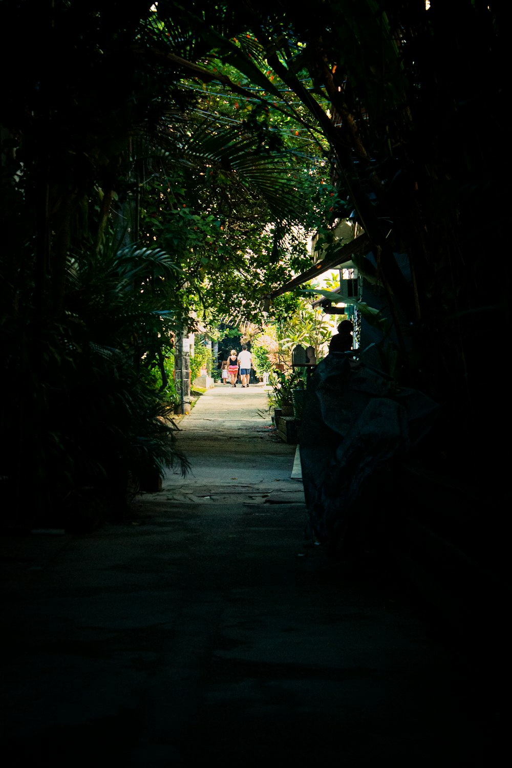 a person is walking down a path in the dark