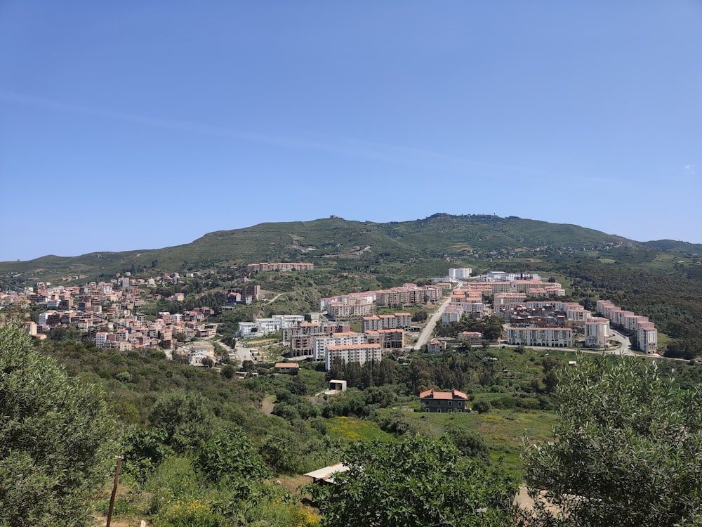 a small town nestled on a hill in the middle of a forest