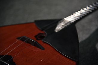 A close-up view of a stringed musical instrument, focusing on its body and strings. The instrument appears to have a wooden finish with a triangular shape and metallic strings.