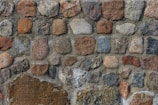 A wall constructed from an assortment of irregularly shaped stones in various earthy tones, including brown, gray, and beige. The stones are held together with mortar, creating a rustic and textured appearance.