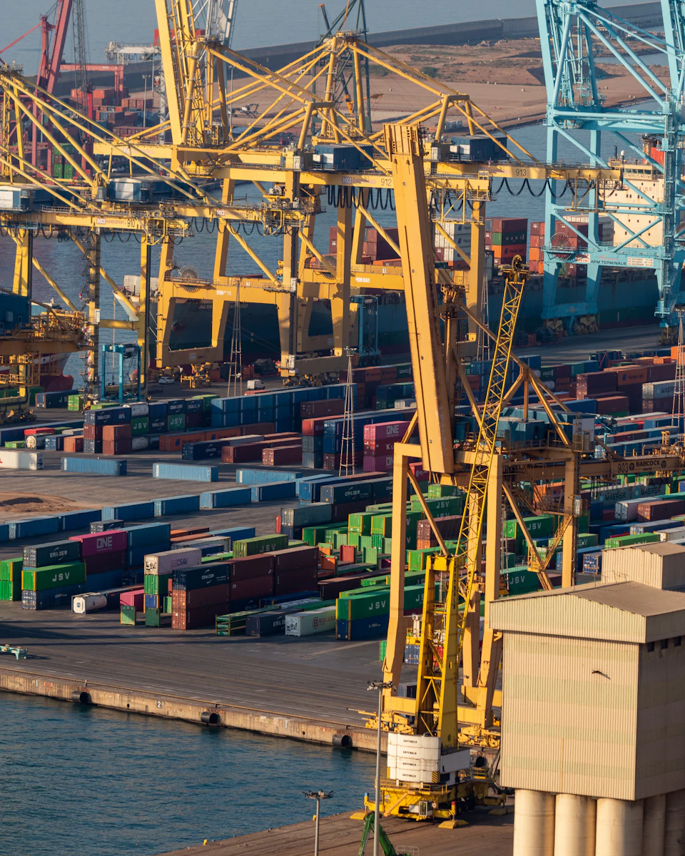 The image depicts a bustling port scene with multiple cranes and shipping containers. The largest crane, painted in vibrant yellow, is positioned on the right side of the frame, towering over several smaller cranes scattered throughout the area. These cranes are predominantly green and red, adding to the industrial atmosphere. The port itself is filled with numerous shipping containers stacked high, varying in size and color from blue to green and red. The water surrounding the port appears calm, reflecting the clear sky above.