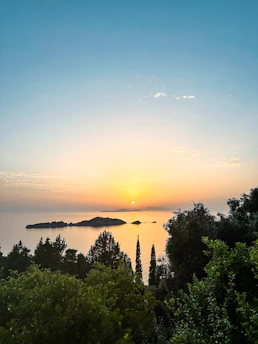 A serene Greek island sunset over the sea with lush greenery in the foreground.