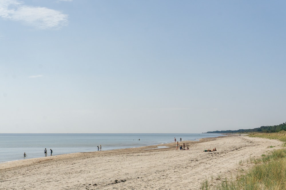 un groupe de personnes debout au sommet d’une plage de sable