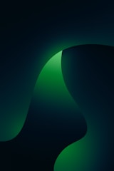 A smooth, abstract design featuring flowing curved shapes and gradients in various shades of green and black, creating a sense of depth and motion.