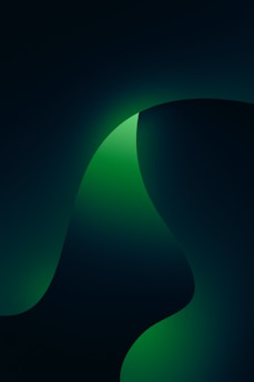 A smooth, abstract design featuring flowing curved shapes and gradients in various shades of green and black, creating a sense of depth and motion.