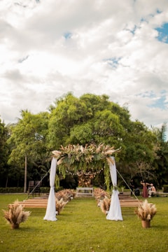 Rustic wedding arch surrounded by lush greenery and warm lighting