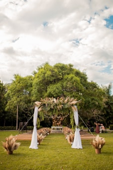 A lush green outdoor setting with a decorative wedding arch adorned with leaves and pampas grass. The arch is draped with white fabric, positioned in front of rows of wooden benches. The setting is surrounded by trees, under a partly cloudy sky, creating a serene and natural atmosphere.