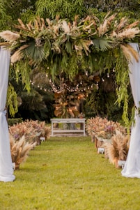 A beautifully decorated wedding mandap with fresh flowers and soft lighting in a lush Bangalore garden setting.