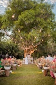 A couple stands at the altar under a large tree adorned with string lights, creating an intimate outdoor wedding atmosphere. The surrounding area is decorated with colorful floral arrangements and guests are seated along the aisle.