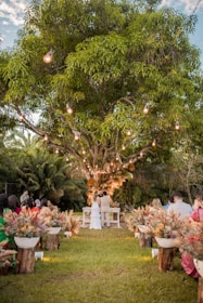A couple stands at the altar under a large tree adorned with string lights, creating an intimate outdoor wedding atmosphere. The surrounding area is decorated with colorful floral arrangements and guests are seated along the aisle.