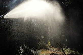 Close-up of a modern thermal fogging machine in use, emitting mist in a green outdoor setting