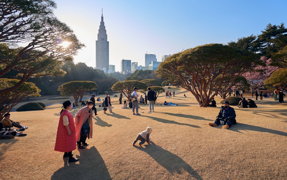 a group of people sitting and standing around in a park