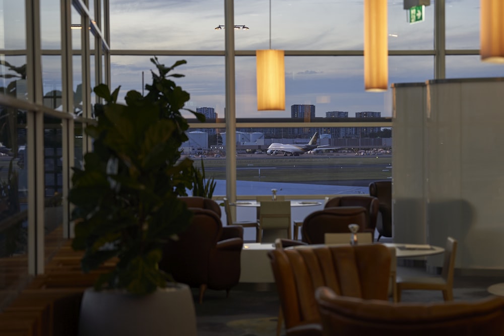 a view of an airport from inside a building