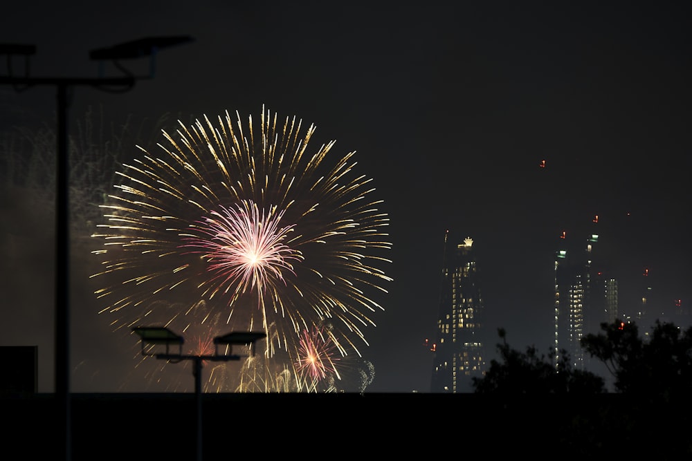 a fireworks display in the night sky over a city